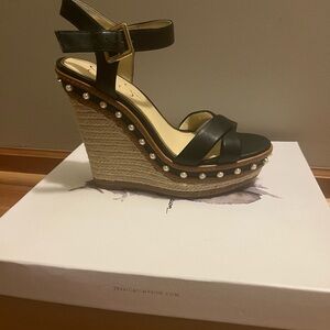Black Wedge Sandals with Pearl Detailing